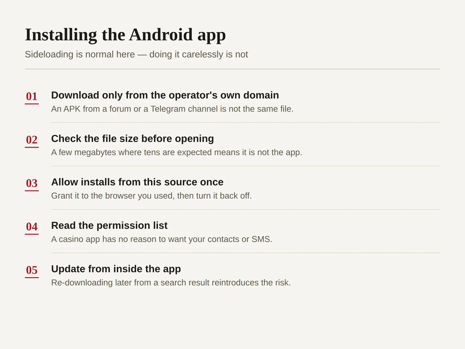 Five-step diagram for installing the TK666 Android app safely including source checking and permission review