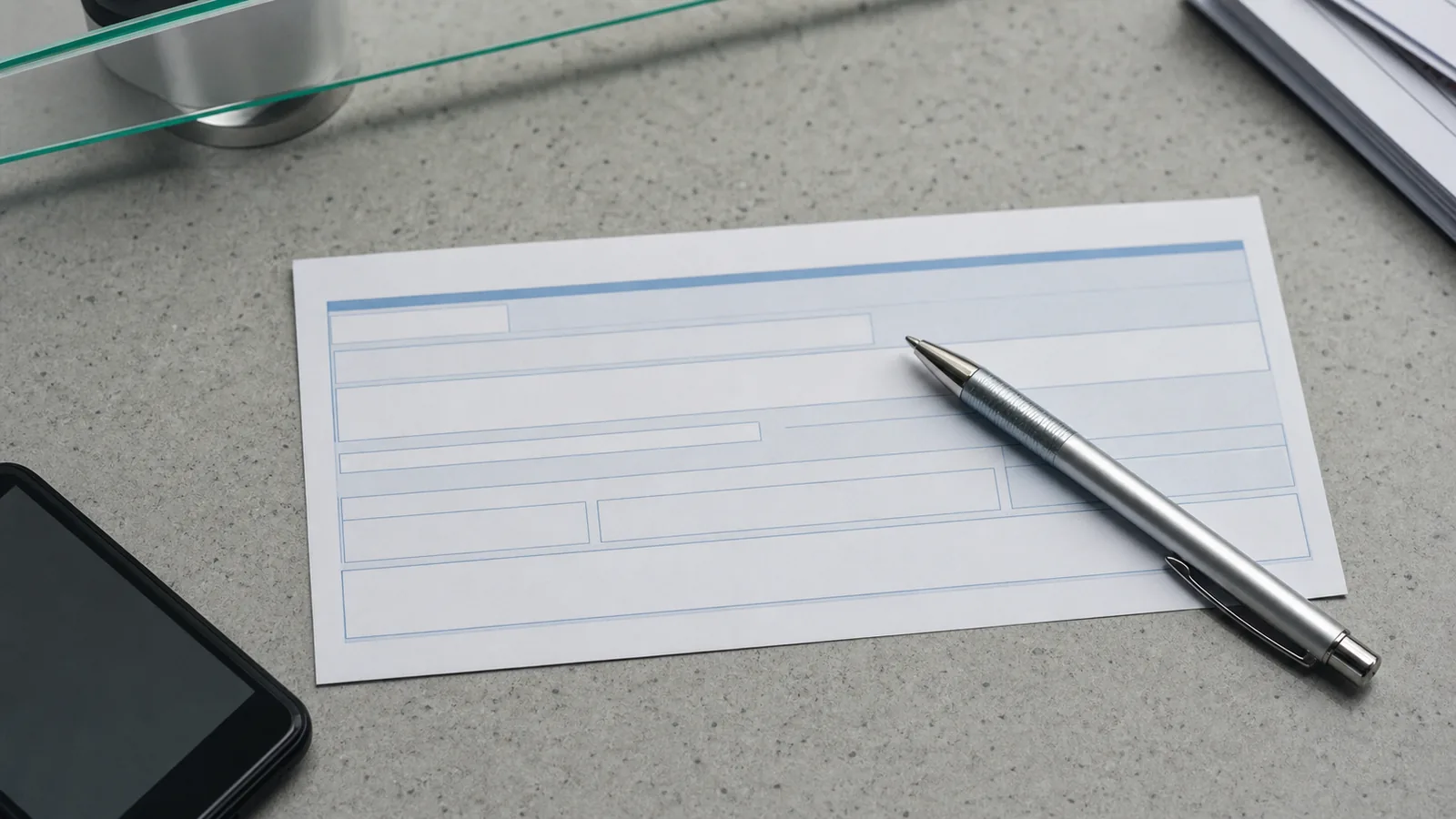 Blank bank transfer slip with a pen resting on it on an office counter beside a smartphone