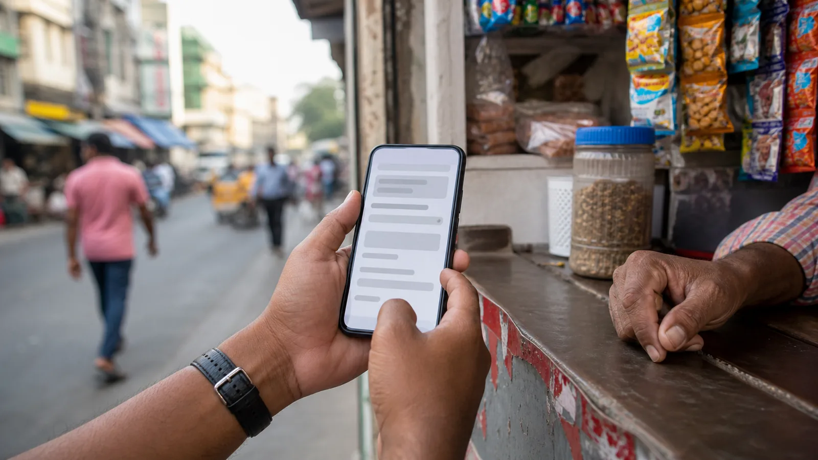 Hands using a mobile payment app on a smartphone at a street kiosk counter in South Asia